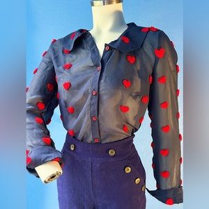 Modcloth sheer navy blouse with red hearts size small
